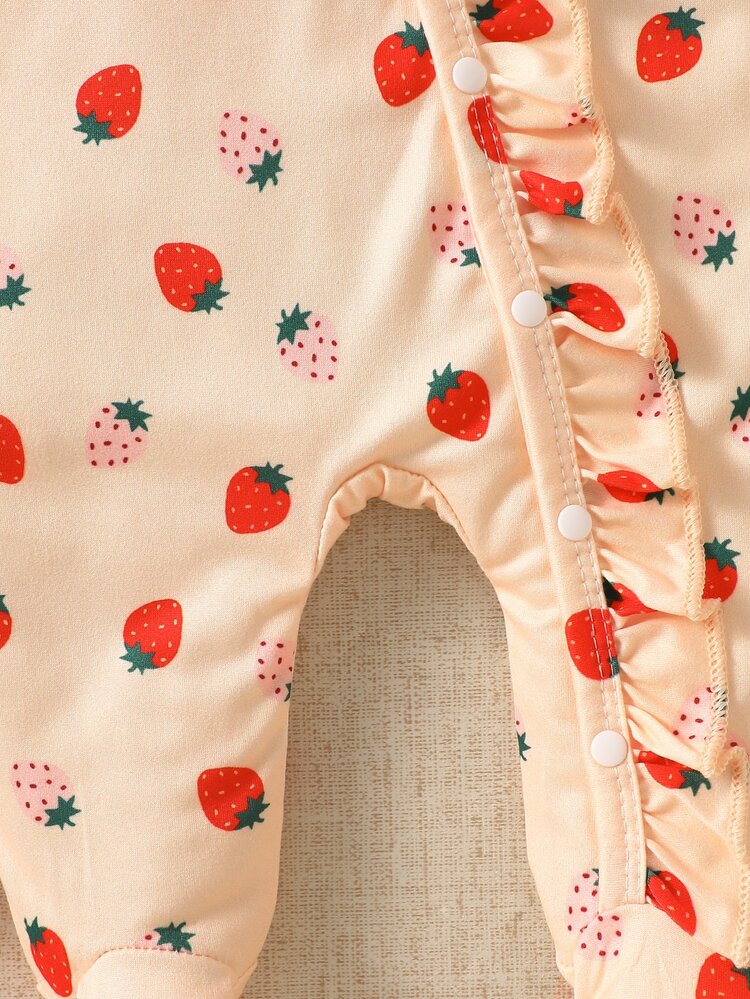 SHEIN 2pcs Newborn Baby Girl Footed Romper + Hat Cute Sweet Apricot Strawberry Print Ruffle Bow Long Sleeve Round Neck Birthday Autumn Fall Herbst Outfit - Multicolor - View 4