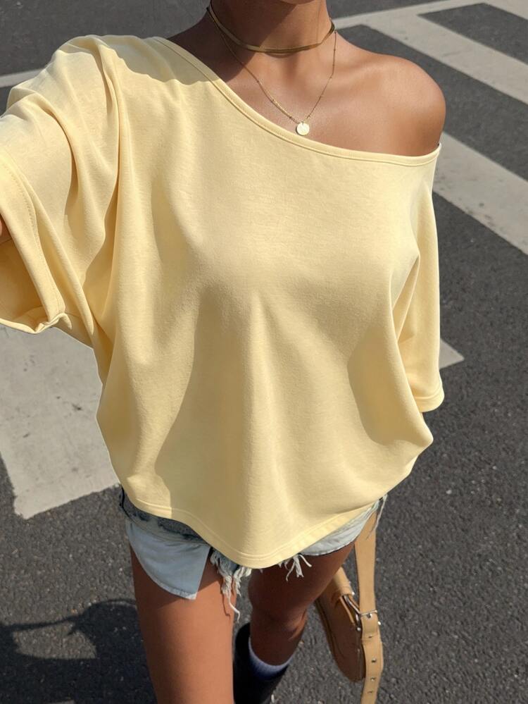 Muchica Summer Cream Yellow Knit One-Shoulder Loose Fit Women's Short Sleeve T-Shirt, Summer Top, Suitable For Daily Commute, Gathering, Autumn/Winter/Summer, Christmas, New Year, Thanksgiving, Party, Wedding, Beach, Graduation Ceremony, Elegant, Outing, Date, Commute, Valentine's Day, Elegant, Vacation, Y2K, Graduation Ceremony And Other Occasions - Yellow - View 1
