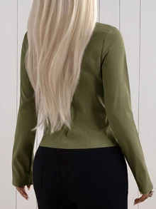 SHEIN EZwear 女款純色前拉鍊長袖拿破崙夾克 - 軍綠色 - 查看 9