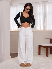 SHEIN PETITE Women's Winter Thermal Lined Button Pocket Jeans Fall Clothes - White - View 4