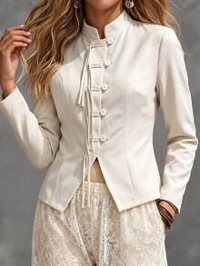 SHEIN Women's Autumn Casual Commute Fashion Stand Collar Regular Shoulder Long Sleeve Frog Button Decor Slim Fit Flattering Apricot Blazer Jacket - Apricot - View 4