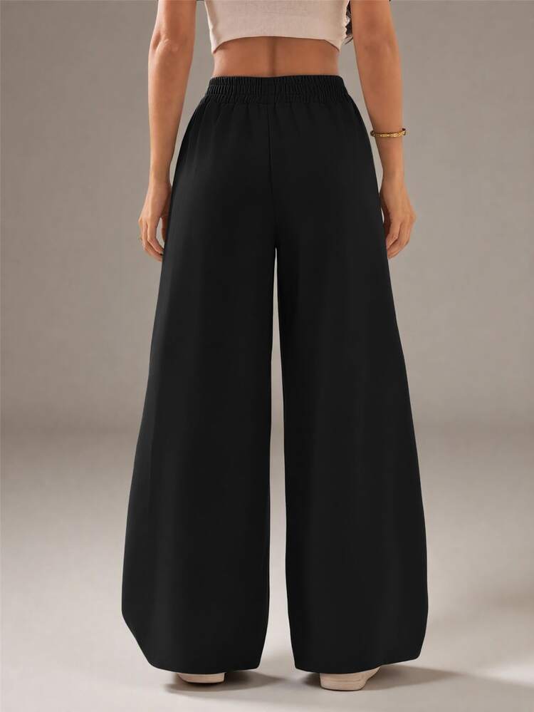Vivamere Women's Solid Color Elastic Waist Wide Leg Loose Casual Sweatpants - Black - View 3