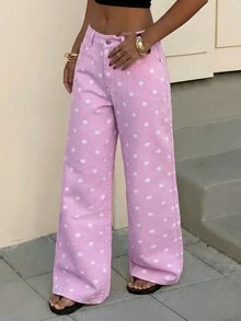 SHEIN Tall 女款圓點印花寬腿牛仔褲 - 粉色 - 查看 2