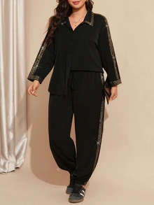 Comfylo Plus Size Sequin Long Sleeve Shirt And Cuffed Pants 2 Pieces Set - Black - View 5