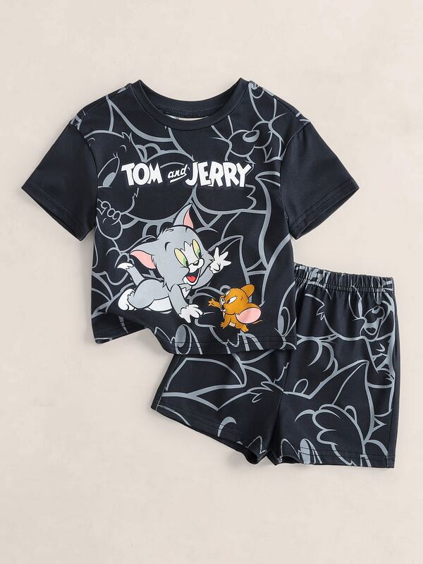 TOM & JERRY X SHEIN Bebek Erkek Karikatür Baskılı Kısa Kollu Üst ve Şortlu Ev Giyim Seti