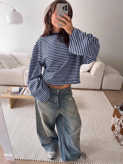SHEIN EZwear Overseas shirt met lange mouwen in marineblauw & lichtblauw gestreept, herfsttop, geschikt voor dagelijks woon-werkverkeer, bijeenkomsten, herfst/winter/lente/zomer, Kerstmis, Nieuwjaar, Thanksgiving, feest, bruiloft, strand, afstudeerceremonie, elegant, uitstapje, date, woon-werkverkeer, Valentijnsdag, elegant, vakantie, Y2K, afstudeerceremonie en andere gelegenheden