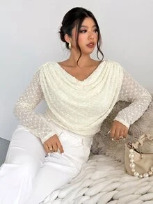 Firerie 秋冬杏色紋理提花長袖大領口抽褶腰收身T恤/雙層網紗優雅款 - 杏色 - 查看 3