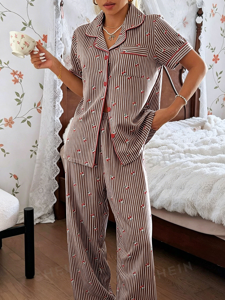 CottageSlumber Bubble Crinkle Sweet Striped Cherry Print Open Front Lapel Women's Pajama Set - Coffee Brown - View 6