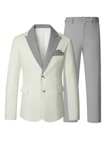 Manfinity Bizformal 男士對比色尖領西裝外套與長褲套裝 春夏婚禮風西裝套裝 - 淺灰色 - 查看 5