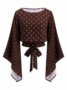 SHEIN Clasi Women's Polka Dot Bell Sleeve Top And Skirt Fashion Set - Mocha Brown - View 7