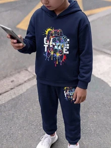 SHEIN 兒童 2 件組 青少年男孩休閒遊戲機圖案連帽衛衣與運動長褲，適合秋冬返校季節 - 寶藍色 - 查看 5