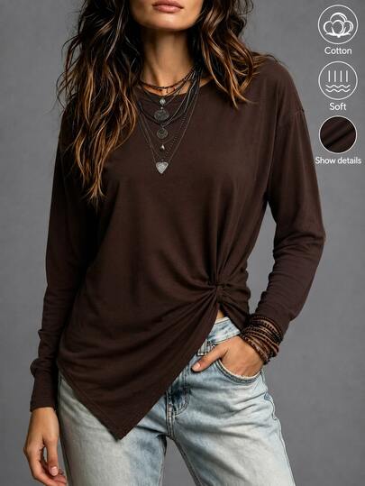 Balvessa Women's Coffee Brown Long Sleeve T-Shirt, Round Neck Loose Top, Side Knot Asymmetrical Hem, Soft Cotton Fabric Drop Shoulder Pullover, Minimalist Casual Street Style, Fashionable Versatile Basic, Suitable For Commuting, Shopping, Walking, Travel, Weekend Leisure Wear