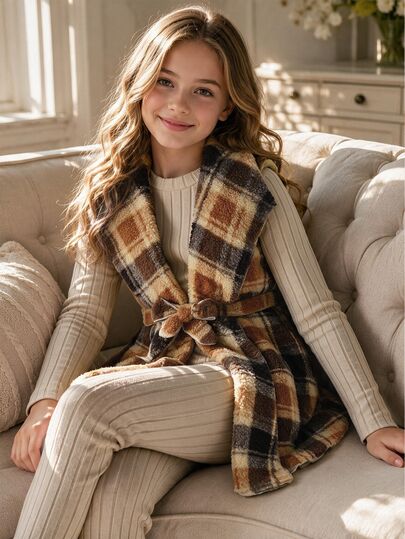 Girls' Casual Minimalist Warm Holiday Vacation Outdoor Play Commute Comfortable Soft Plush Knit Polyester Fiber Apricot Brown Khaki Christmas Campus Watermark Plaid Pattern Sleeveless Mid-Length Jacket With Waist Rope Round Neck Ribbed Long Sleeve Top Elastic Waist Pants Back To School Fashion Versatile Autumn/Winter 3-Piece Set