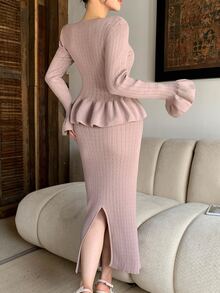 DAZY Women's Elegant Ruffle Cardigan & Knitted Skirt 2 Pieces Set, Autumn/Winter - Khaki - View 2