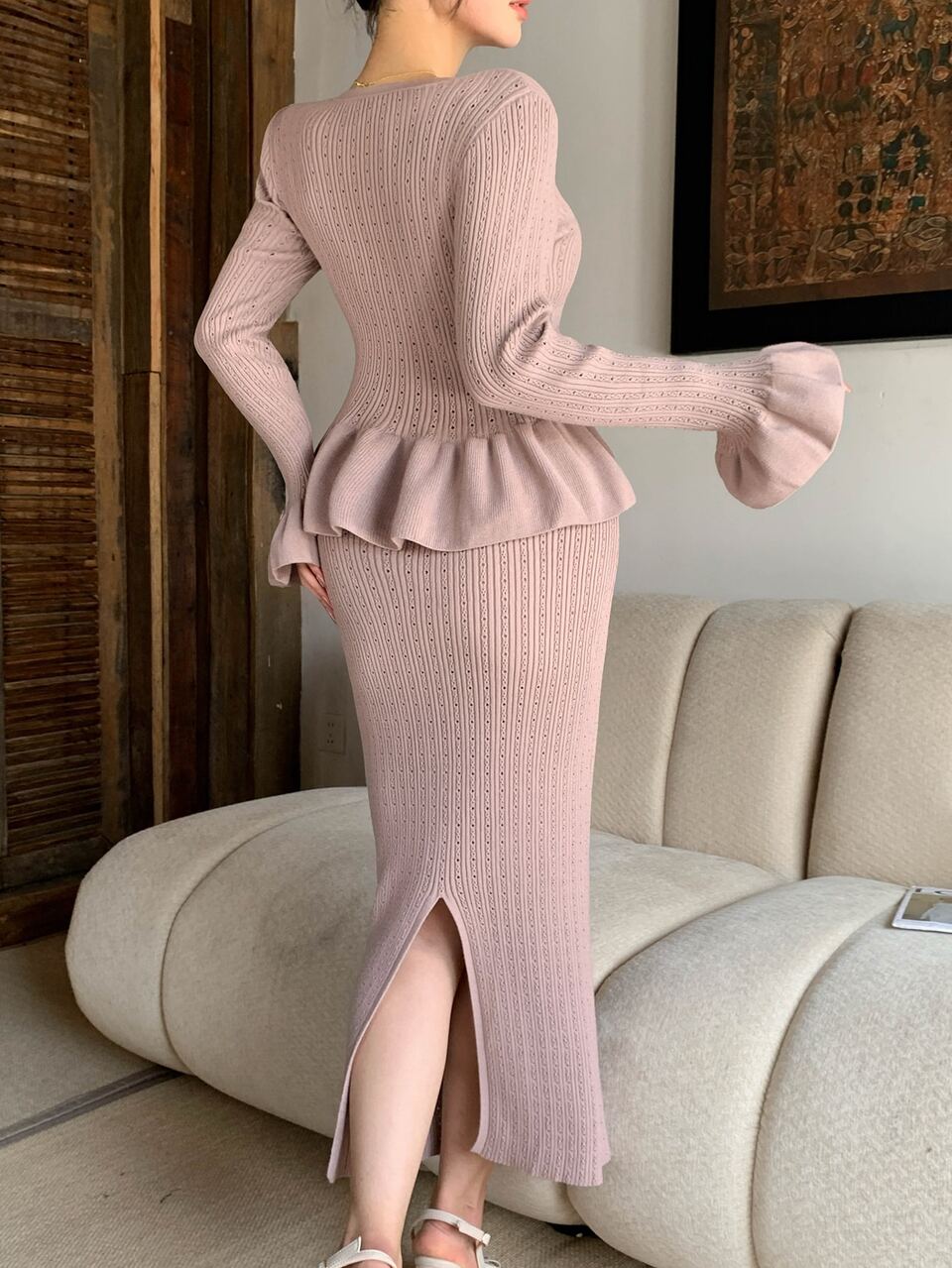 Women's Elegant Ruffle Cardigan & Knitted Skirt 2 Pieces Set, Autumn/Winter