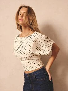 Aralina 女款黑白波點夏季優雅法式茶會早午餐上衣，船領短款蝙蝠袖飄逸袖口，收腰繫帶，老錢風 - 淡黃色 - 查看 7
