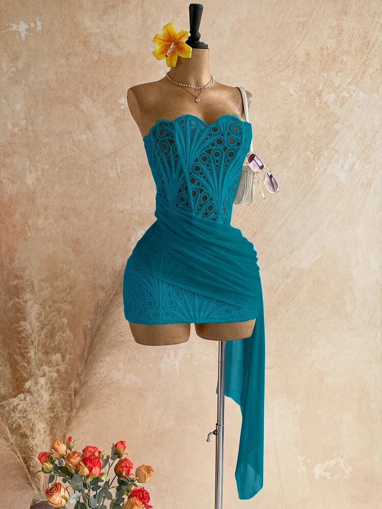 Soleia Women's Sexy Vacation Strapless Lace Textured Draped Mesh Ruched Bustier Mini Dress, Beach, Cruise, Road Trip, City Vacation, Date, Afternoon Tea, Bohemian, Seaside, Island Vacation, Summer, Music Festival, Daily Commute, Wedding Season, Party, Carnival - Teal Blue - View 11
