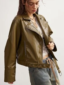 Bohemela Women's Solid Color PU Leather Casual Streetstyle Streetwear Versatile Daily Long Sleeve Jacket Everyday Olive Green Autumn - Army Green - View 7