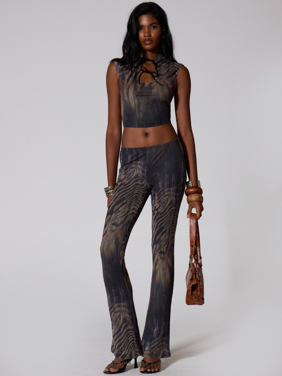 Brown Mesh Animal Print Keyhole Crop Top
