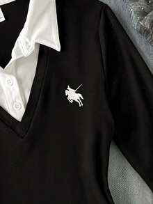 Firerie Kids 兒童青少年女孩秋冬新款復古黑白拼接配色 2 合 1 拼接 Polo 領長袖 T 恤，休閒學院風 - 黑色 - 查看 5