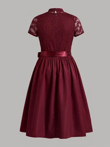 Fairmaia German Traditional Plus Size Women's Lace Patchwork Dress - Burgundy - View 2