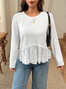 Lounesse Plus Size Women's Burnout Embroidery Casual Versatile Everyday T-Shirt Fall - White - View 7