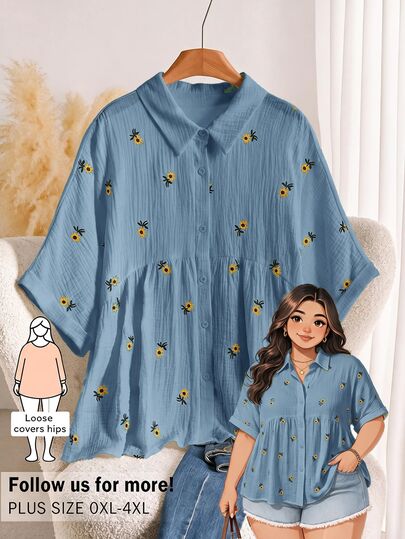 CosyJoli Plus Size Casual Boho Doll Blouse Cardigan Batwing Sleeve Button-Up Shirt, Summer Embroidered Top Blue And Yellow Women's Outwear Cute Formal Vacation