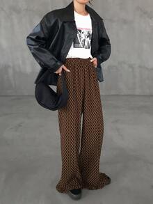 FRIFUL Women's Checkerboard Pocket Wide Leg Loose Casual Vintage Long Pants School Brown Checkered Autumn - Rust Brown - View 4