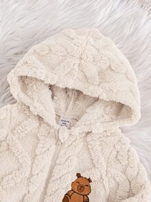 SHEIN 男嬰卡通熊刺繡紋理毛絨連帽拉鍊長袖連身褲冬裝褲，百搭舒適 - 杏色 - 查看 4