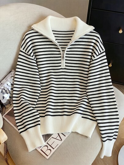 Everyssa Sudadera de mujer con cuello polo y media cremallera a rayas, manga larga, corte holgado, top casual tipo pullover