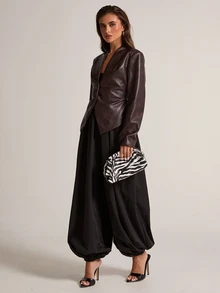 SHEIN BAE بليزر نسائي من جلد البولي يوريثان بأكمام طويلة وتصميم أحادي الصدر عصري - بني - مشاهدة 4