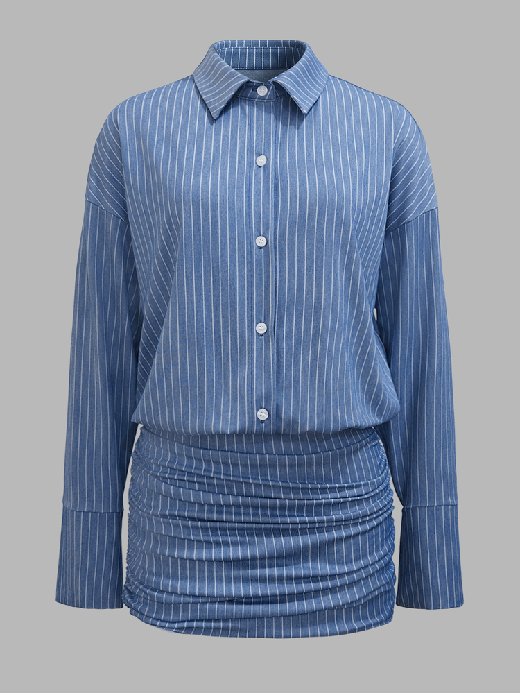 Cévolie Gaun Kemeja Garis-Garis Biru & Putih Vintage untuk Wanita, Lengan Panjang, Berkerah, Berlipit, Menekan Pinggang, Melangsingkan, Bodycon, Panjang Pendek - Navy Blue - View 3