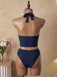 SHEIN Swim 女款兩件式純色修身細肩帶綁帶比基尼套裝，可愛三角泳褲，休閒優雅海灘度假比基尼套裝，情人節派對背心比基尼套裝，度假海灘穿搭 - 藏蓝色 - 查看 2