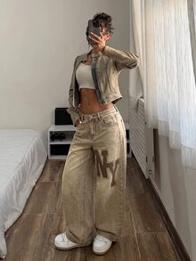 StreetHx Y2K Streetwear 2000s Grunge Vintage Washed Distressed Denim Wide Leg Pants NY Letter Patch Graphic Print Casual Going Out Brown Summer - Khaki - View 3