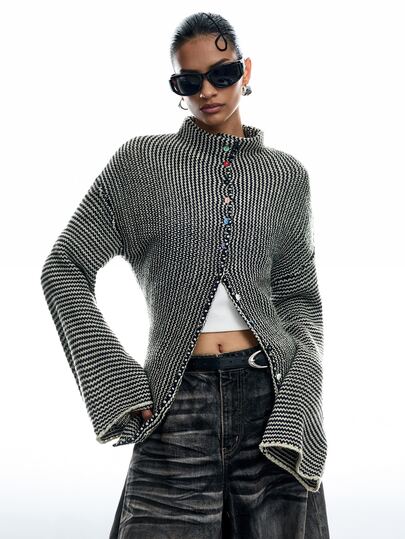 LYSMO Women's Olive Green Vertical Striped Knit Cardigan With Stand Collar, Colorblock Lines, Cinched Waist, Short Length, Flared Sleeves, Loose Fit, Dropped Shoulders, Colorful Mixed Buttons