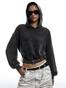 LYSMO Sweatshirt Crop Berkerudung Kasual Wanita dengan Sabuk dan Bahan Washed - Grey - View 4