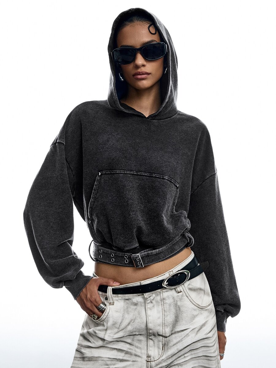 LYSMO Women's Casual Washed Belted Hooded Cropped Sweatshirt - Grey - View 1