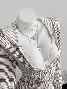 Elamini 女款粉色條紋長袖連帽蝴蝶結印花輕便外套，適合日常外出，學院風，度假風 - 咖啡棕 - 查看 1