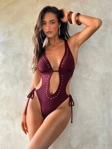 Aloruh Women's Summer Swimsuit,Sexy Deep V Swimsuit,Brown Swimsuit, Rivet & Foil Decor, Party Outfit, Music Festival Outfit,Vacation One Piece Swimsuit Women - Burgundy - View 4