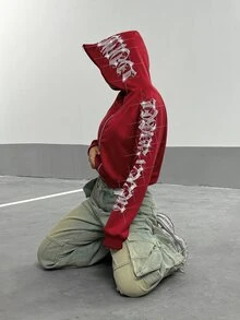 StreetHx 女款哥德風文字水鑽短版拉鍊連帽衛衣，秋冬款 - 紅色 - 查看 6