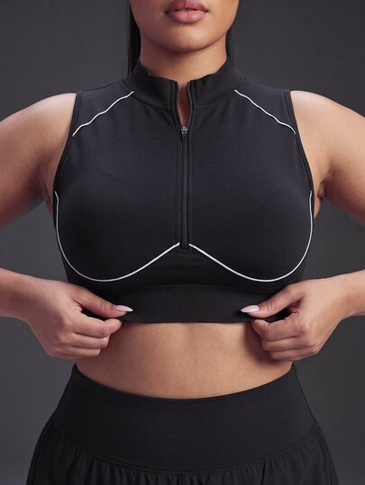 Powerista Women's Plus Size Seamless Black & White Zipper Back Open Back Stand Collar Sports Bra