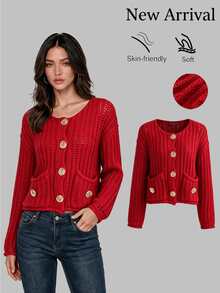 Sweetra Vintage French Style Round Neck Large Button Chunky Knit Cardigan - Red - View 1