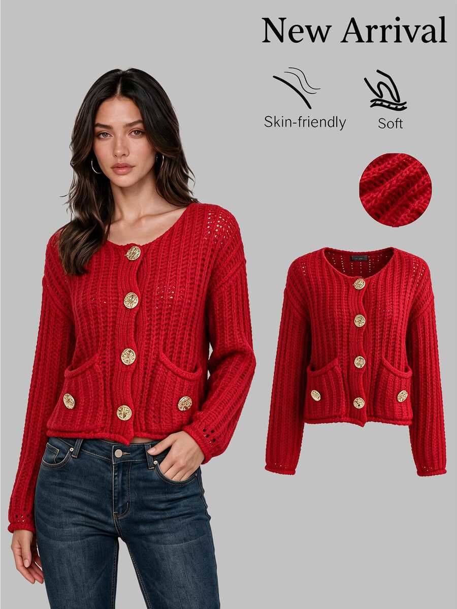 Sweetra Vintage French Style Round Neck Large Button Chunky Knit Cardigan - Red - View 1