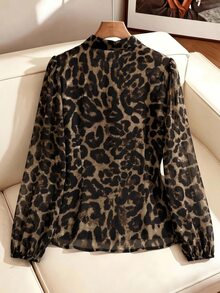 SHEIN Clasi Plus Size Women's Leopard Print Patchwork Ruffle Chiffon Elegant Blouse - Brown - View 5