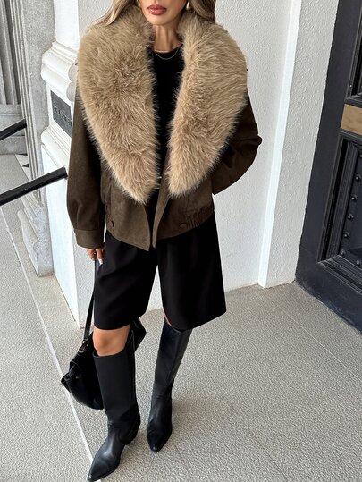 Pariaura Vintage Brown Suede Big Fox Fur Collar Short Jacket, Winter Thickened Loose Slimming Lapel Leather Fur One-Piece Coat