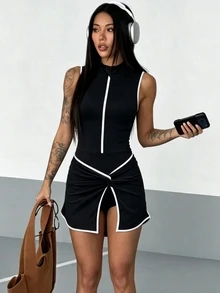 Dewbera Dewbera Women's Sleeveless Solid Color Collared Fashion Minimalist Slimming Sports Dress - Black - View 3