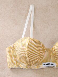 EverLounge 2pcs Striped 3/4 Cup Underwire Molded Cup Push-Up Support Lace Trim Bow Women's Lingerie Set - Yellow - View 3