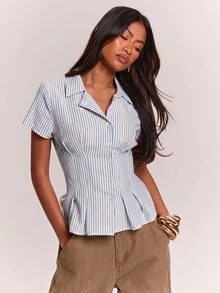 SHEIN BAE 女款條紋百褶休閒百搭日常通勤襯衫 - 藏蓝色 - 查看 4