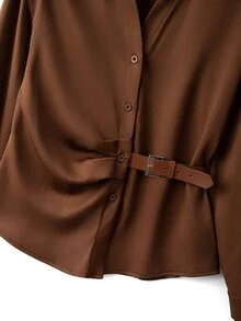 SHEIN Maillard Fashion Belt Buckle Patchwork Design Vintage Open Front Waist-Cinching Slimming French Chic Versatile Women's Blouse - Brown - View 4