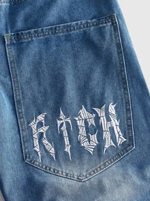 ROMWE MEN Men's Spider Web Embroidered Loose Fit Jeans - Medium Wash - View 5